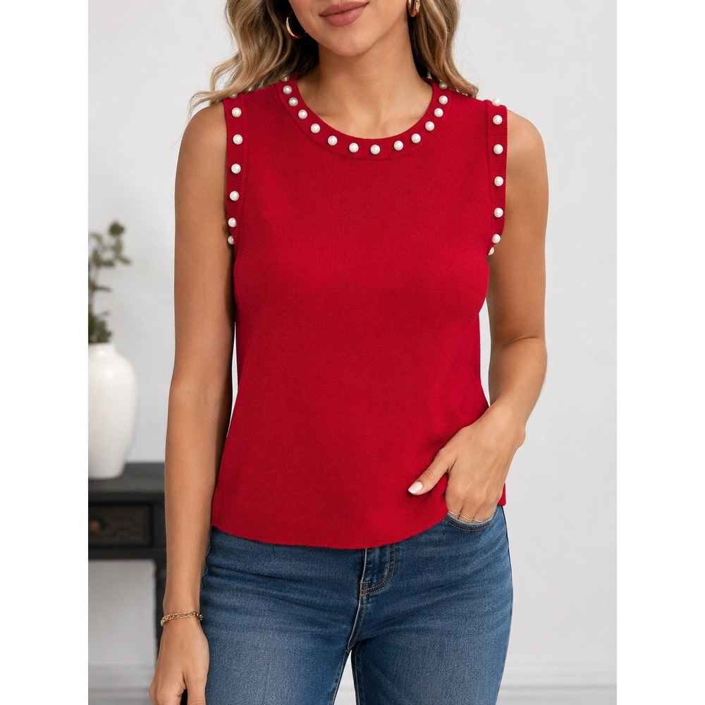 ENTRO Women's Red Sleeveless Knit Top with Pearl Embellishments – Size S